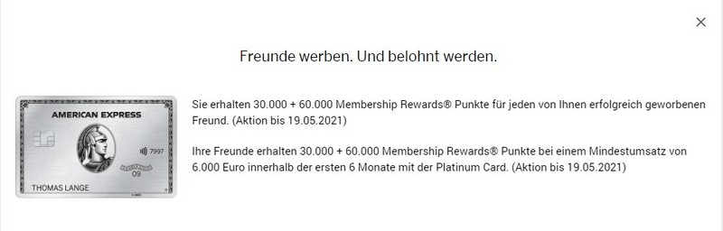 American Express Platinum Freundschaftsaktion mit 90.000 Membership Rewards bis 19.05.2021
