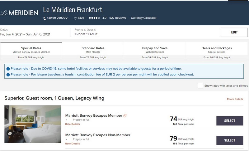 Vergleich Marriott Bonvoy Escapes Raten im Le Meridien Frankfurt