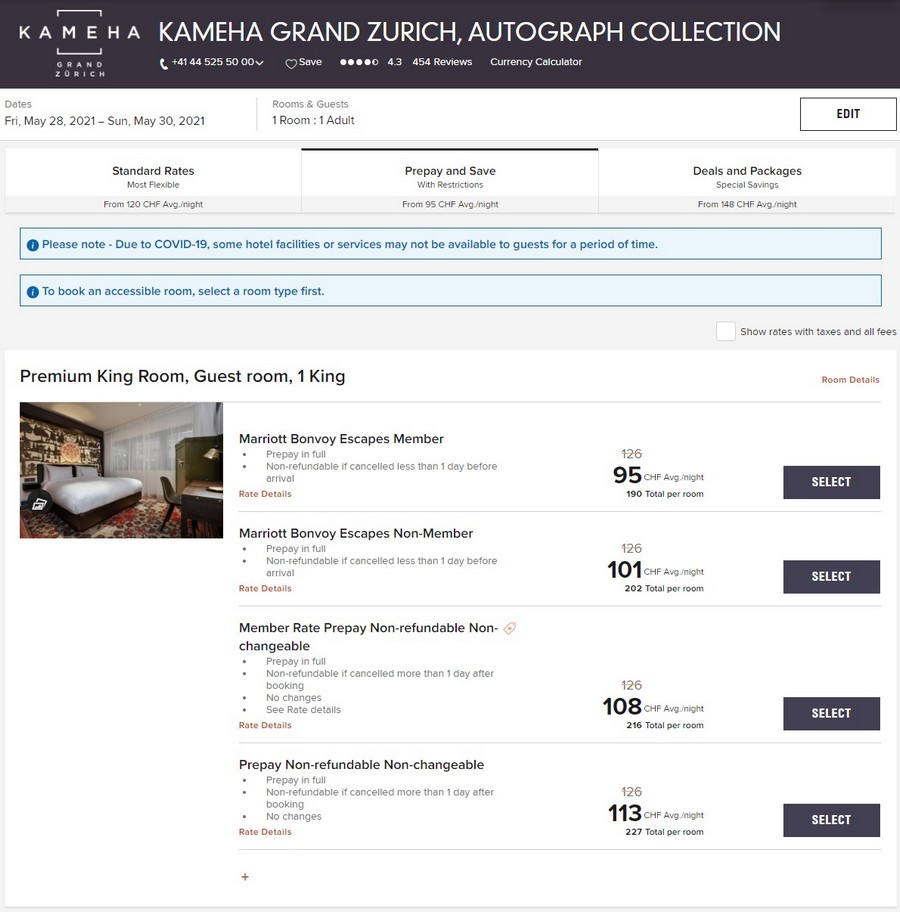 Vergleich Marriott Bonvoy Escapes Raten im Kameha Grand Zurich für eine Person