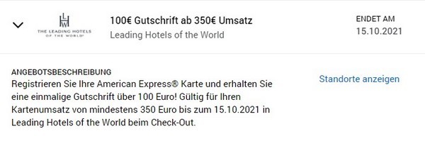 American Express Gutschrift von 100 EUR bei LHW bis 15.10.2021