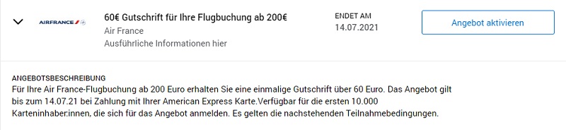 Gutschrift von 60 EUR von American Express für Buchung mit Air France bis 14.07.2021