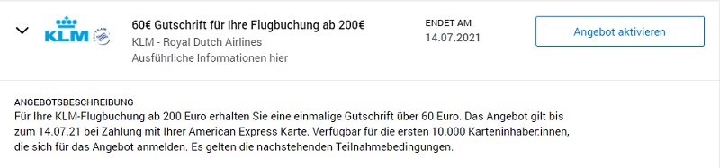 Gutschrift von 60 EUR von American Express für Buchung mit KLM bis 14.07.2021