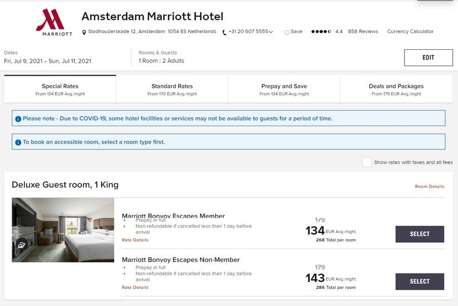 Vergleich Marriott Bonvoy Escapes Raten im Marriott Amsterdam für zwei Personen