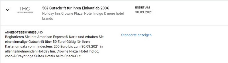 Gutschrift von 50 EUR von American Express für Ausgaben bei Hotels bei u.a. Holiday Inn, Indigo und Crowne Plaza bis 30.09.2021