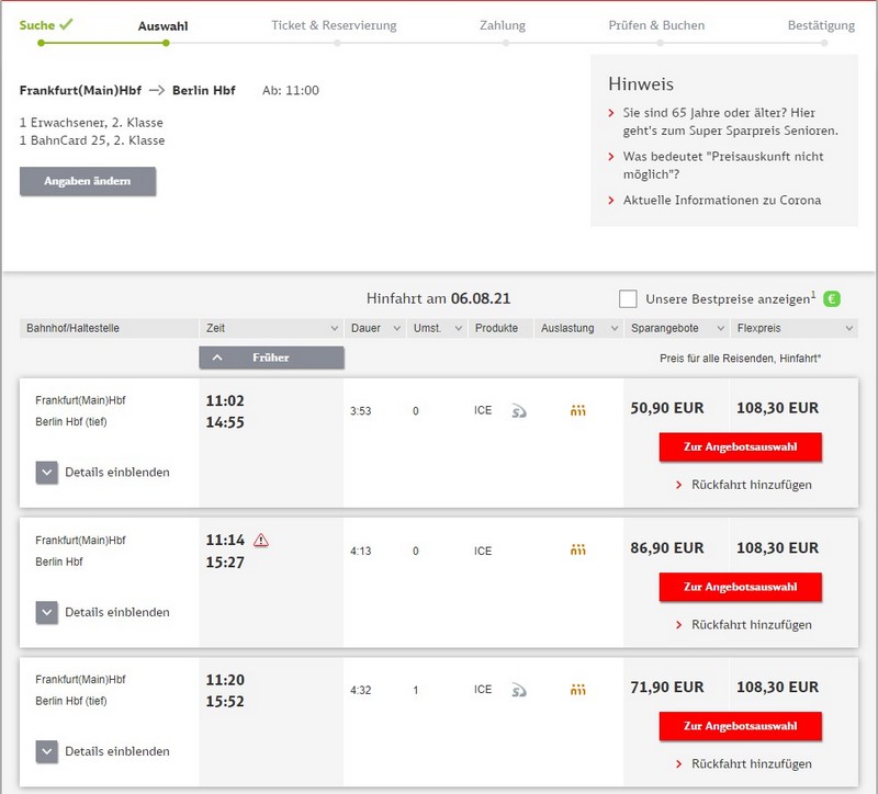 Preise für Bahnfahrt Frankfurt - Berlin 2. Klasse mit BC 25