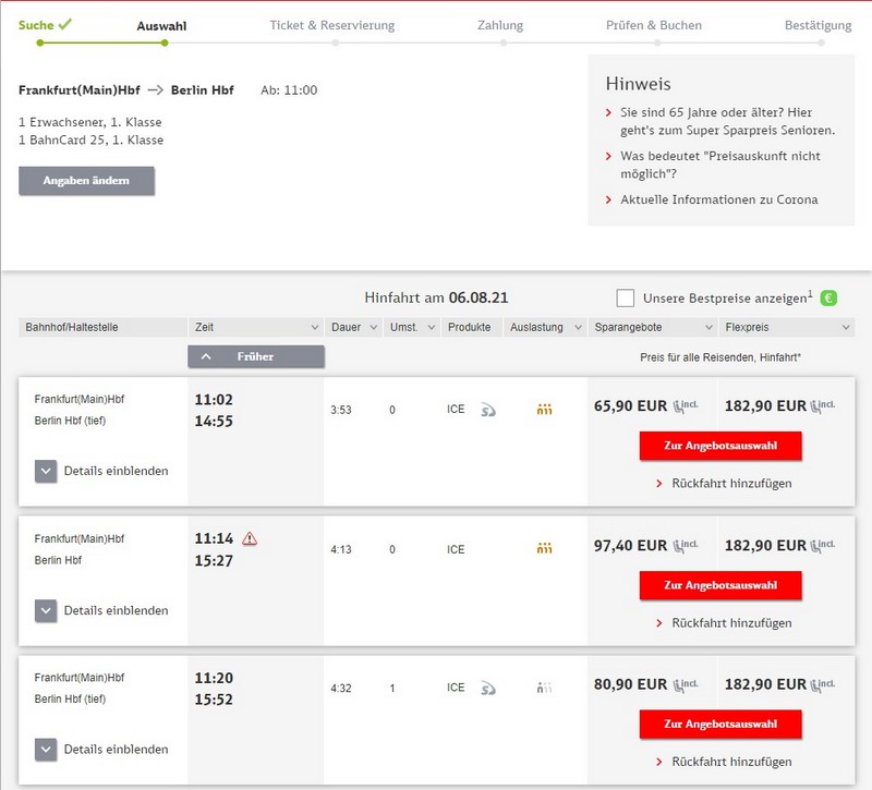 Preise für Bahnfahrt Frankfurt - Berlin 1. Klasse mit BC 25