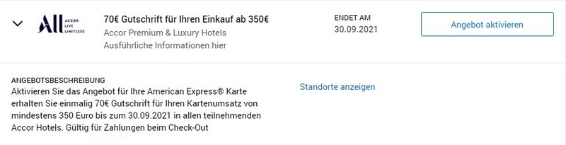 70 EUR American Express Gutschrift bei Accor bis 30.09.2021