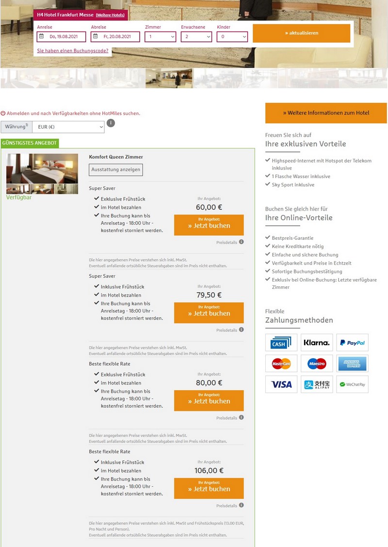 Preisbeispiel H-Hotels Super-Saver-Deals im H4 Hotel Frankfurt Messe