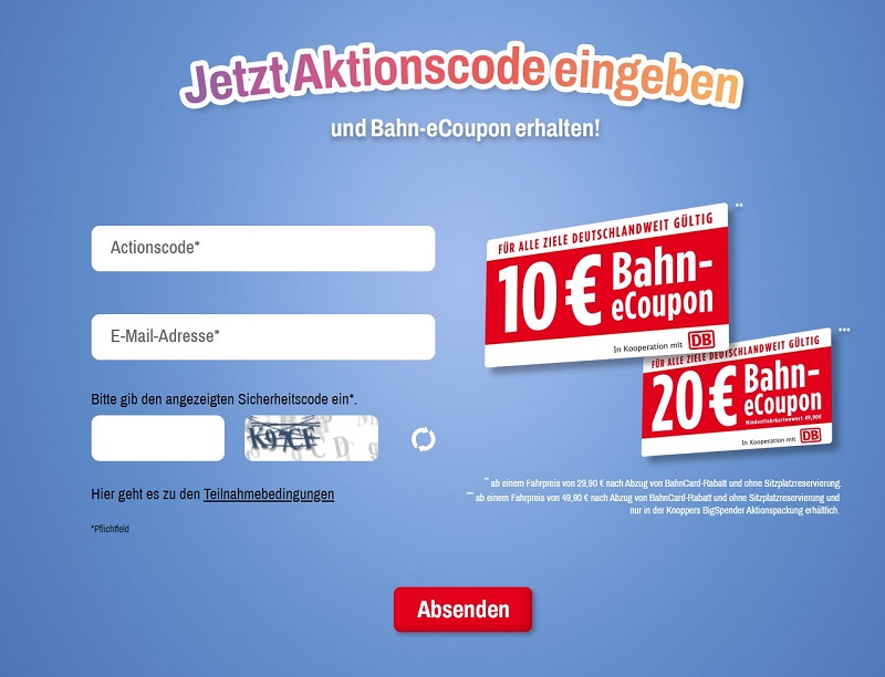 Einlösung der Codes in Toffifee und Knoppers Packungen von Storck für 10 EUR Bahn Gutscheine für Fahrten zwischen 02.08.2021 und 11.12.2021