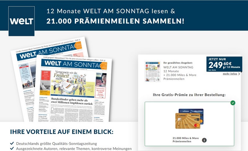 Abo der „Welt am Sonntag“ im August 2021 mit 21.000 Miles and More Meilen