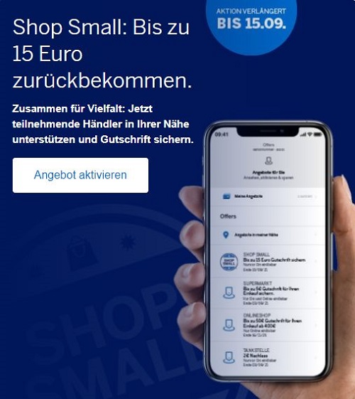 Gutschrift von bis zu 15 EUR für Einkäufe bei Shop Small Partnern vom 15.08.2021 bis 15.09.2021 verlängert