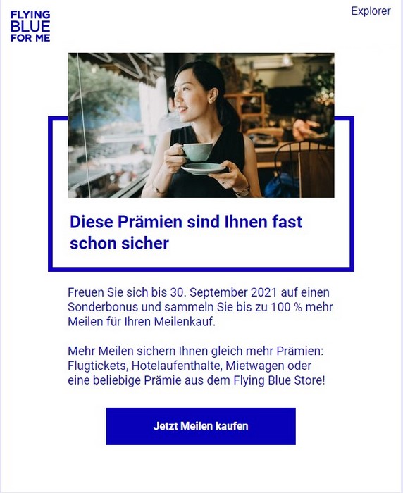 100% Bonus beim Flying Blue Meilenkauf bis 30.09.2021