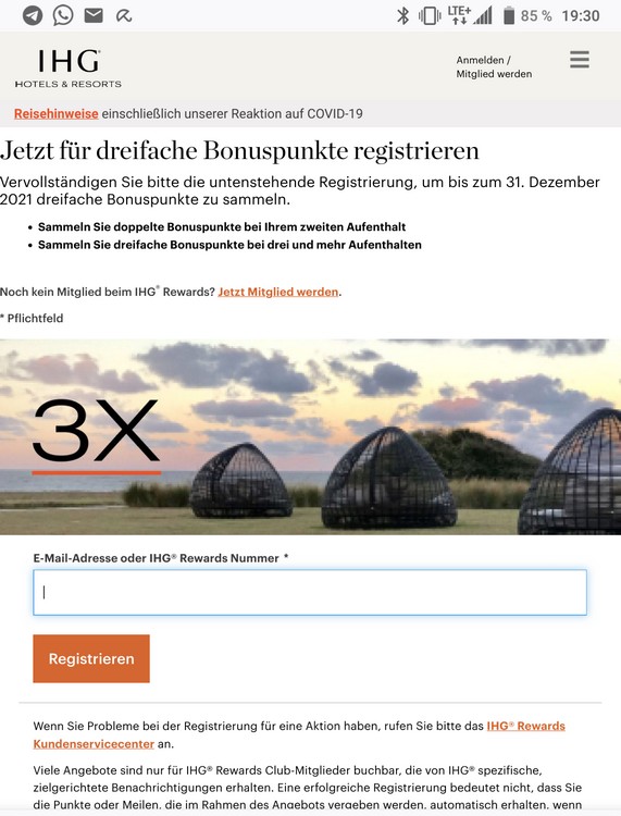 Registrierung für dreifache IHG Rewards Club Punkte Promotion bis Ende 2021 über die mobile Seite bzw. App