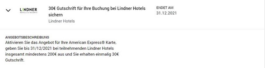 American Express Gutschrift von 30 EUR bei den Lindner Hotels bis 31.12.2021