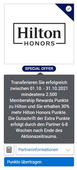 30% Bonus beim Transfer von American Express Membership Rewards zu Hilton Honors bis 31.10.2021