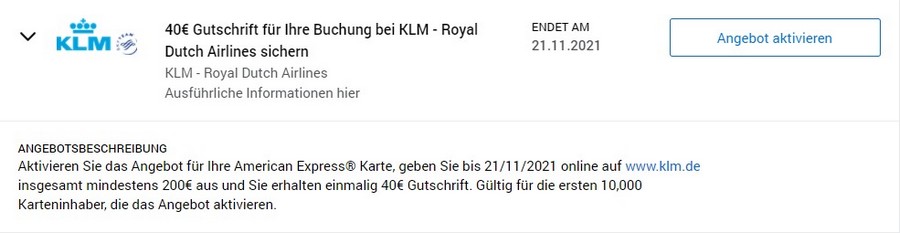 Aktion mit einer Gutschrift von 40 EUR bei einer Flugbuchung auf KLM bis 21.11.2021 für einige American Express Karteninhaber