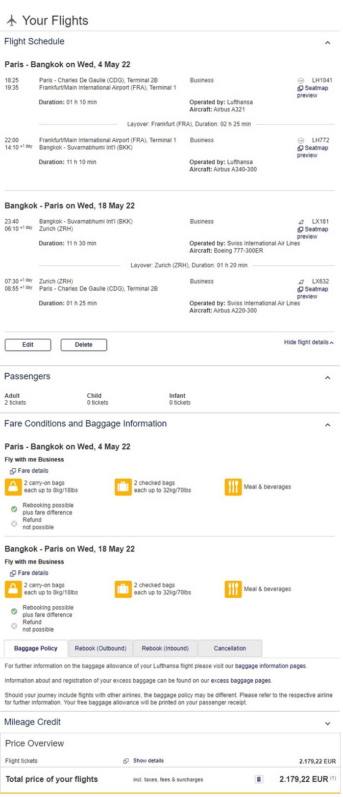 Preisbeispiel für Partnertarif von Paris nach Bangkok in der Lufthansa Business-Class