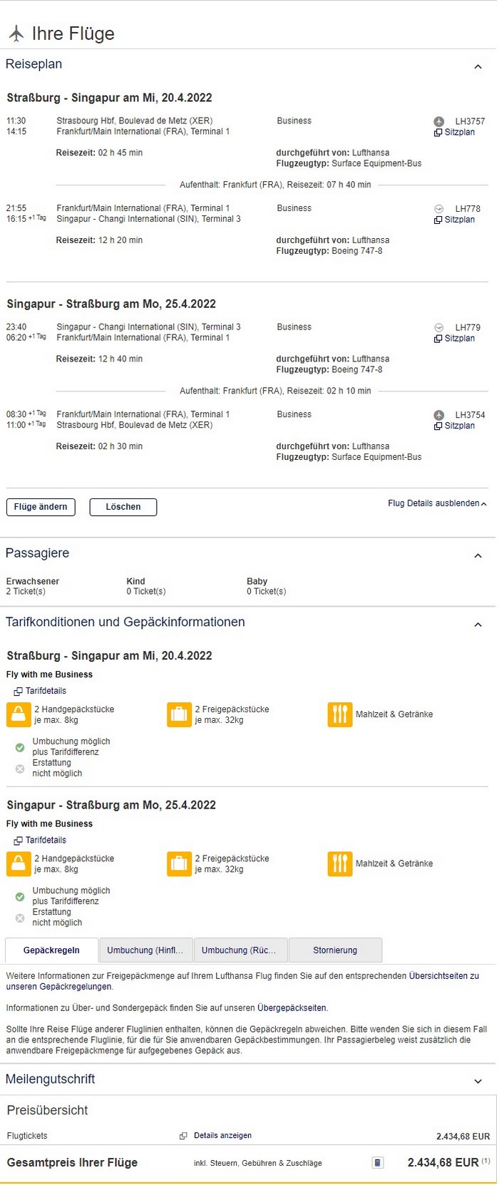 Preisbeispiel für Partnertarif von Strasbourg nach Singapore in der Lufthansa Business-Class