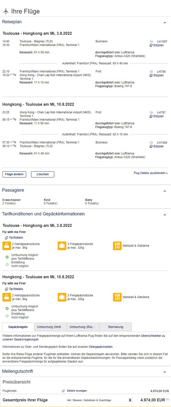 Preisbeispiel für Partnertarif von Toulouse nach Hong Kong in der Lufthansa First-Class