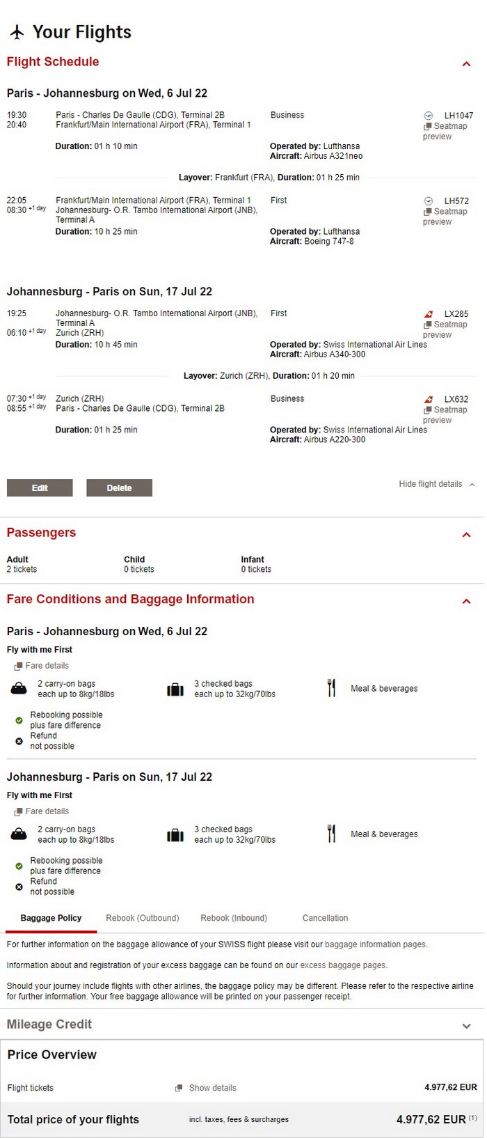 Preisbeispiel für Partnertarif von Paris nach Johannesburg in der Lufthansa und Swiss First-Class