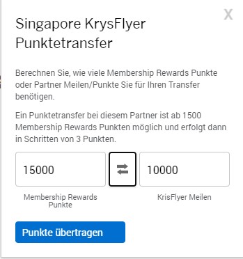 Bonus von 12% beim Umwandlung von 15.000 Membership Rewards in 10.000 KrisFlyer Meilen bis 22.11.2021