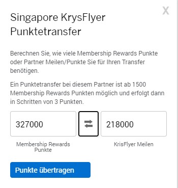 Bonus von 15% beim Umwandlung von 237.000 Membership Rewards in 218.000 KrisFlyer Meilen und so einfacher zu einem Status bis 22.11.2021