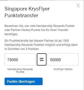 Bonus von 15% beim Umwandlung von 75.000 Membership Rewards in 50.000 KrisFlyer Meilen bis 22.11.2021