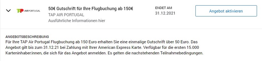 American Express Gutschrift von 50 EUR für Buchungen bei TAP Air Portugal bis 31.12.2021