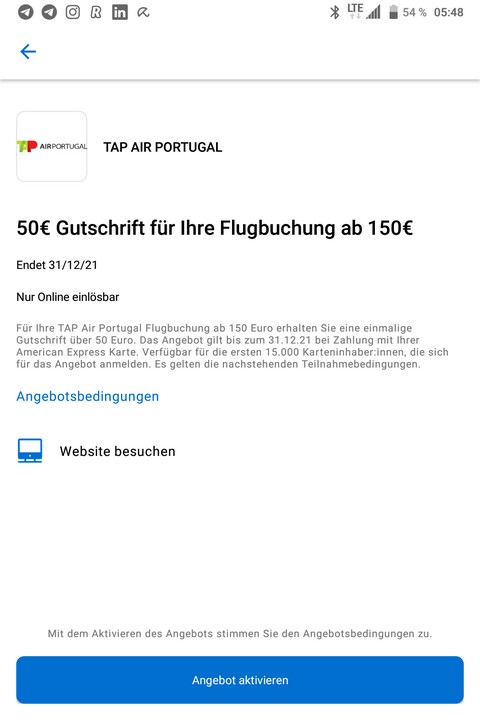 American Express Gutschrift von 50 EUR für Buchungen bei TAP Air Portugal bis 31.12.2021