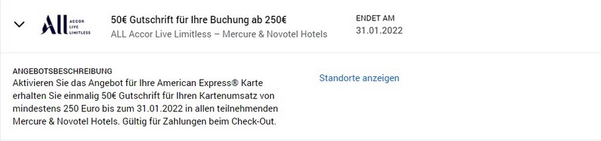 Gutschrift von 50 EUR von American Express für Zahlungen in ausgewählten Mercure und Novotel Hotels von Accor bis 31.01.2022