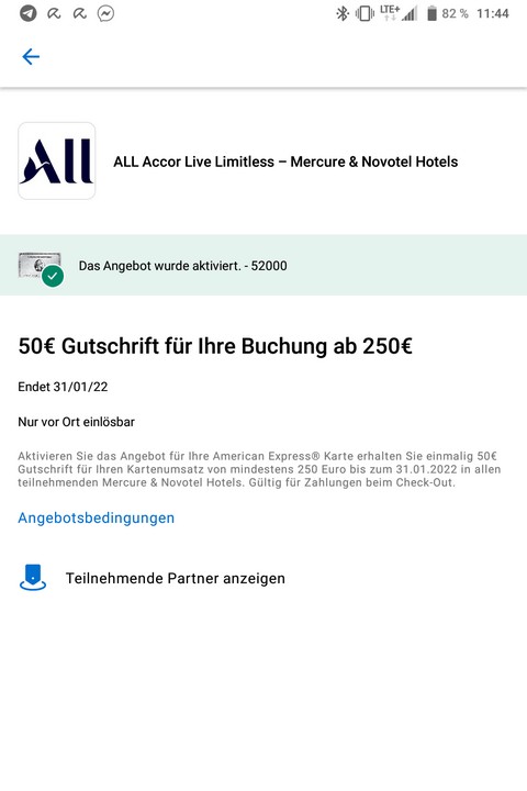 Gutschrift von 50 EUR von American Express für Zahlungen in ausgewählten Mercure und Novotel Hotels von Accor bis 31.01.2022