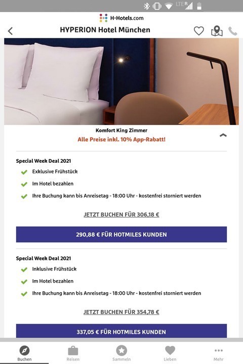 Preisbeispiel H-Hotels Special Deals 2021 im Hyperion Hotel München bei Buchung über die App