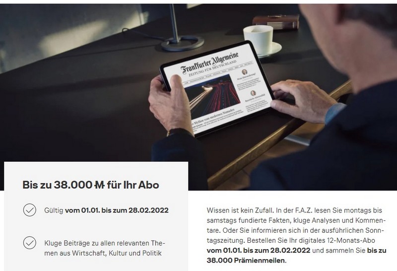 Digitales Abo der FAZ bis 28.02.2022 mit 38.000 Miles and More Meilen