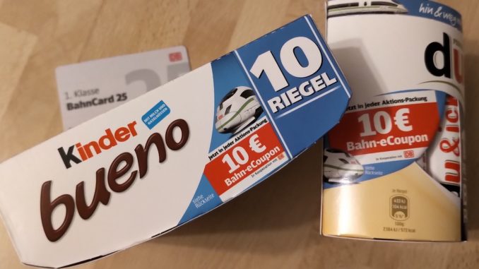 Ab Januar 2022 findet Ihr 10 EUR Gutscheine für Fahrten mit der Deutschen Bahn in verschiedenen Ferrero Produkten