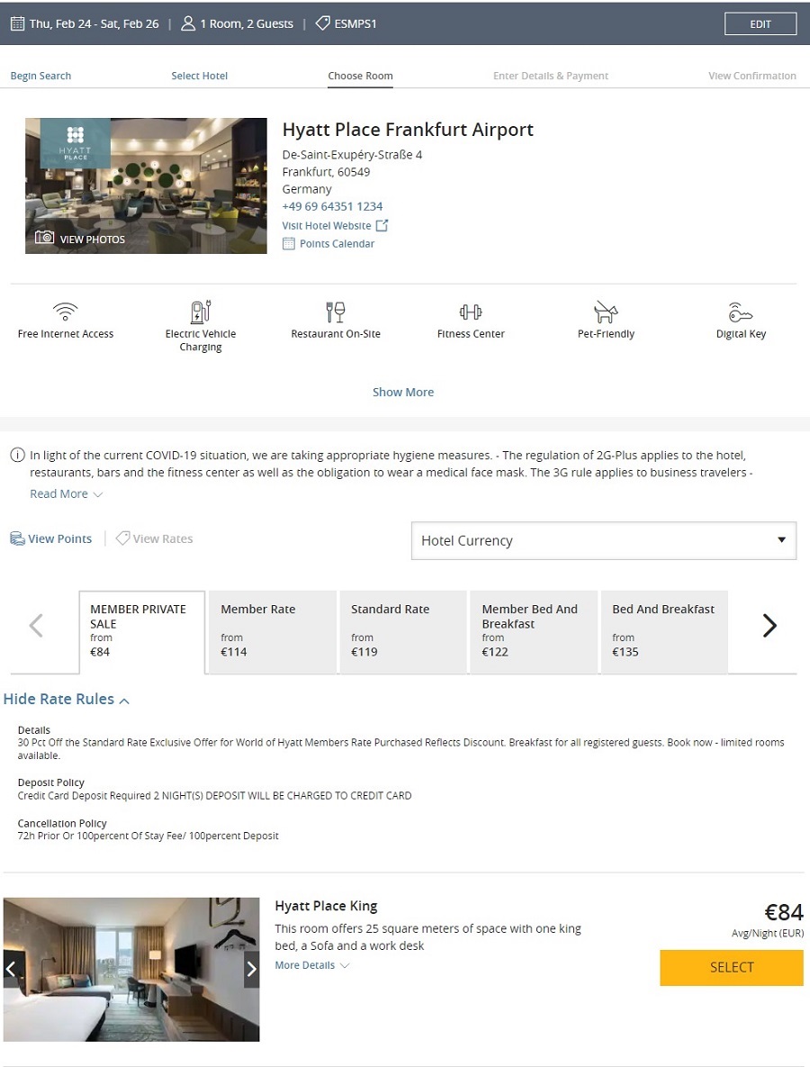 Preisbeispiel beim Hyatt Flash Sale im Hyatt Place Frankfurt Airport bei Buchung bis 31.01.2022