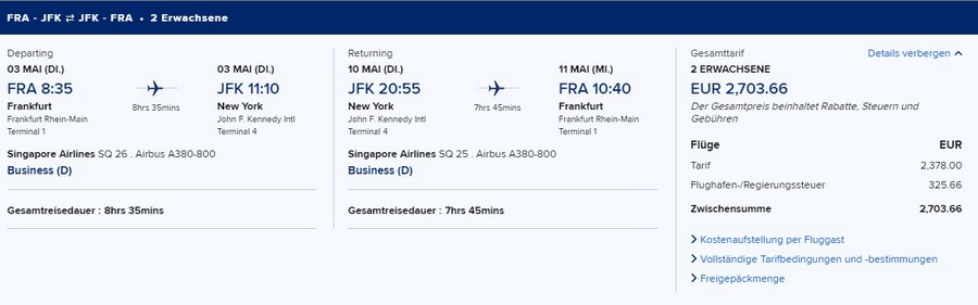 Preisbeispiel für bis 15.02.2022 buchbaren Partnertarif von Frankfurt nach New York in der Singapore Airlines Business-Class