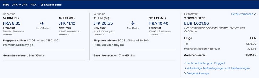 Preisbeispiel für bis 15.02.2022 buchbaren Partnertarif von Frankfurt nach New York in der Singapore Airlines Premium-Economy-Class