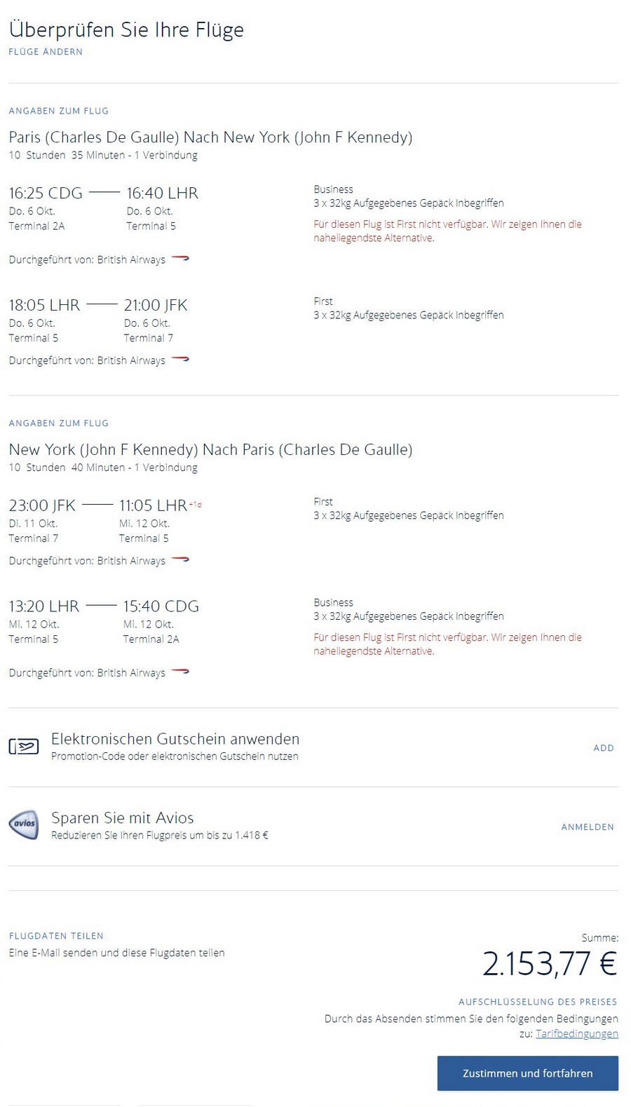 Preisbeispiel von Paris nach New York in der British Airways First-Class ab 2.150 EUR