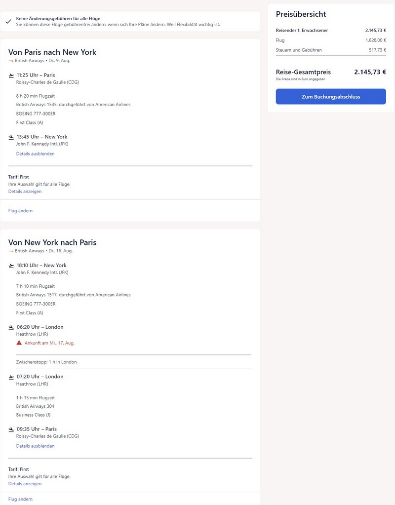 Preisbeispiel von Paris nach New York in der British Airways First-Class ab 2.150 EUR auf Expedia