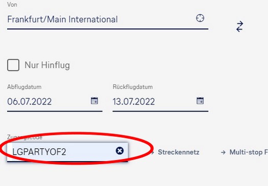 Buchungscode des Angebote der Lufthansa Gruppe zum Valentinstag 2022 für Flüge ab Deutschland in Premium-Kabinen