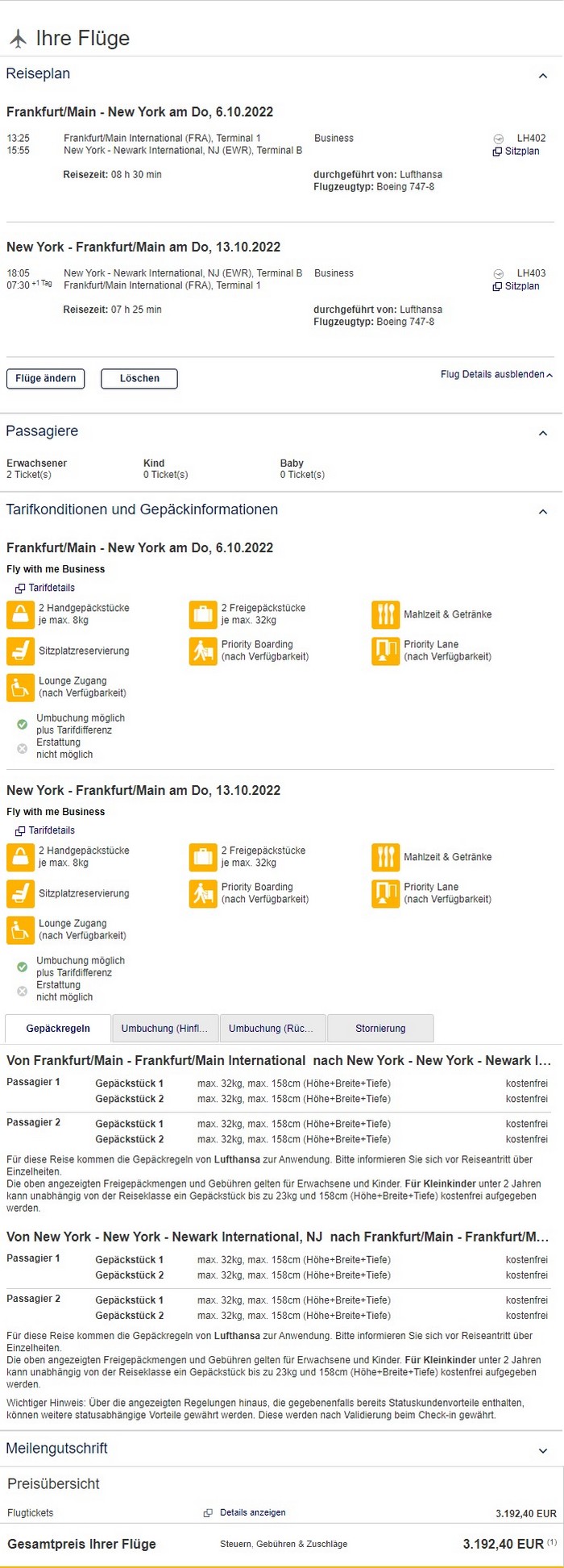 Preisbeispiel für weltweite Partnertarif ab Deutschland für Flug von Frankfurt nach New York in der Lufthansa Business-Class bei Buchung bis 14.02.2022