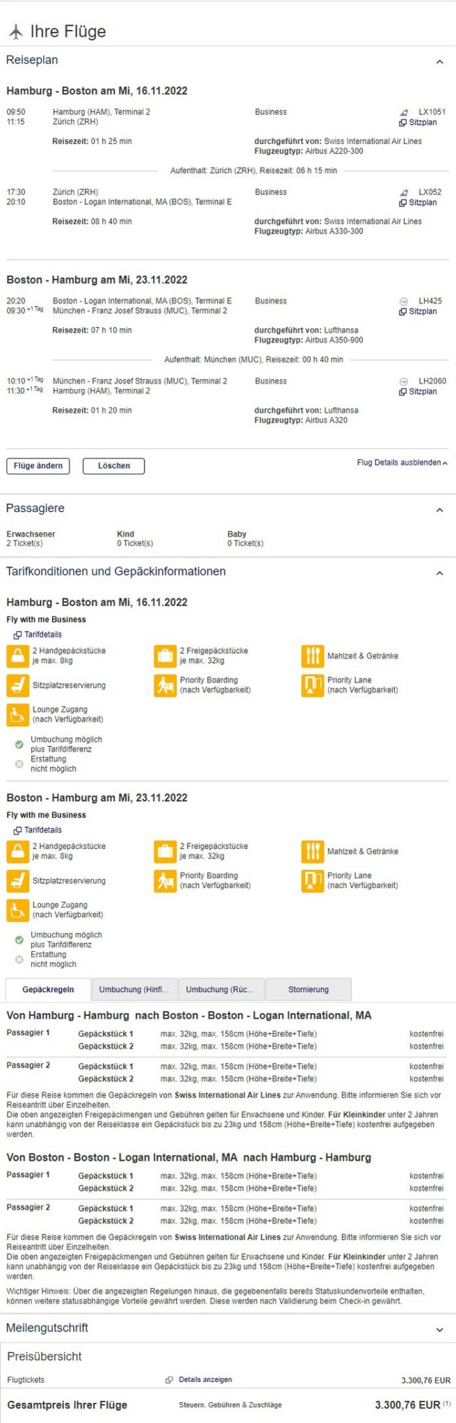 Preisbeispiel für weltweite Partnertarif von Hamburg nach Boston in der Lufthansa und Swiss Business-Class bei Buchung bis 14.02.2022