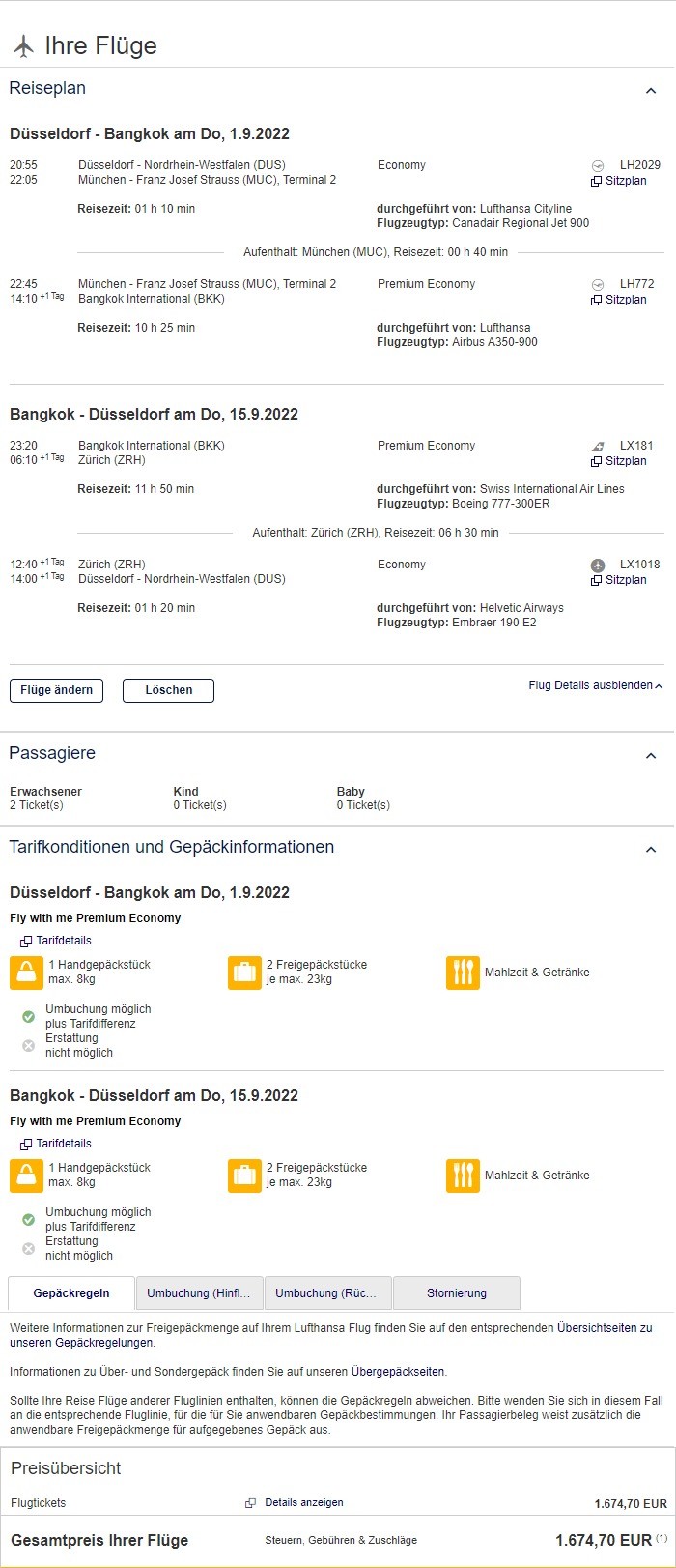 Preisbeispiel für weltweite Partnertarif von Düsseldorf nach Bangkok in der Lufthansa und Swiss Premium-Economy-Class bei Buchung bis 14.02.2022
