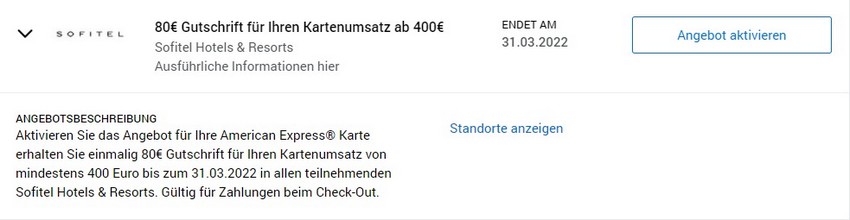 Es gibt von American Express eine Gutschrift von 80 EUR bei Zahlung ab 400 EUR bis 31.03.2022 in fünf Hotels von Sofitel