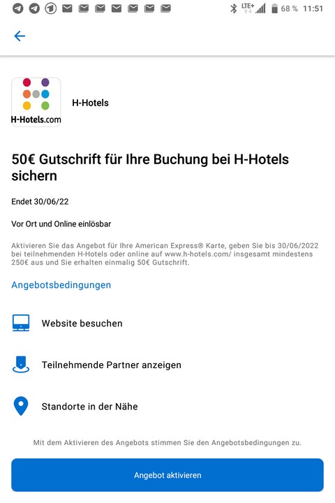 Bis 30.06.2022 gibt es eine Gutschrift von 50 EUR von American Express für Ausgaben in H-Hotels von 250 EUR oder mehr