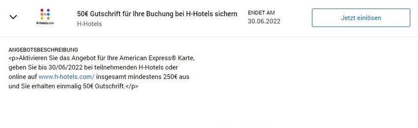 Bis 30.06.2022 gibt es eine Gutschrift von 50 EUR von American Express für Ausgaben in H-Hotels von 250 EUR oder mehr