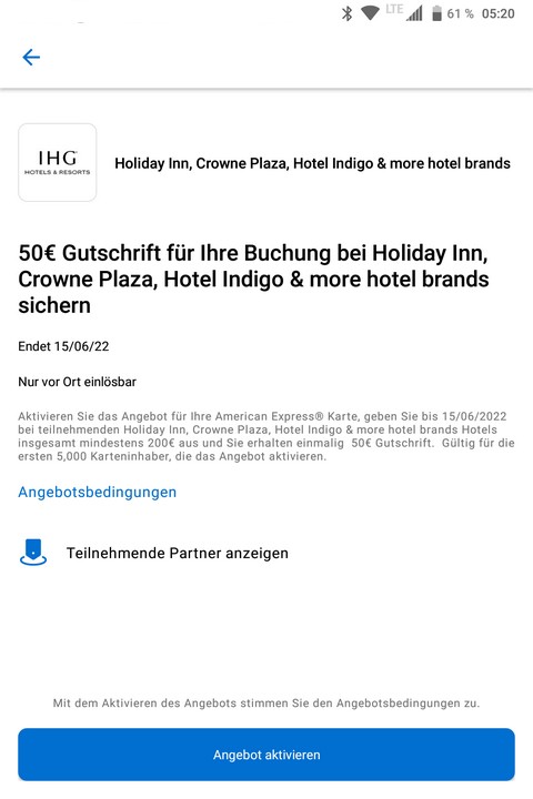 50 EUR American Express Gutschrift bei Holiday Inn, Indigo, Crowne Plaza u.a. bis 15.06.2022