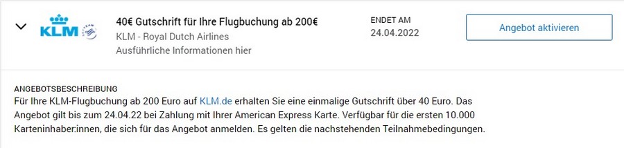 Gutschrift von 40 EUR bei einer Flugbuchung auf KLM bis 24.04.2022 für einige American Express Karteninhaber