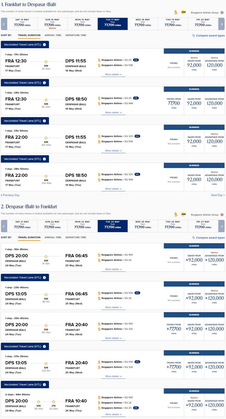 Preisbeispiele für bis 31.03.2022 mit 30% weniger KrisFlyer Meilen buchbare Spontaneous von Frankfurt nach Bali