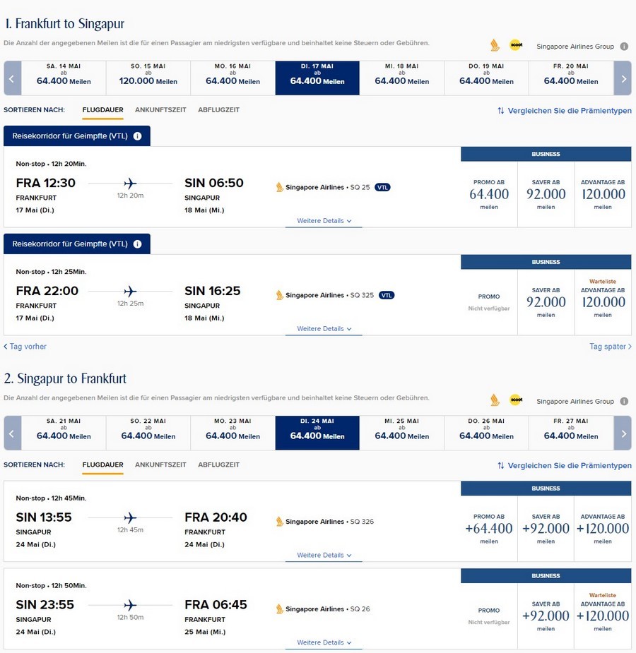 Preisbeispiele für bis 31.03.2022 mit 30% weniger KrisFlyer Meilen buchbare Spontaneous von Frankfurt nach Singapore